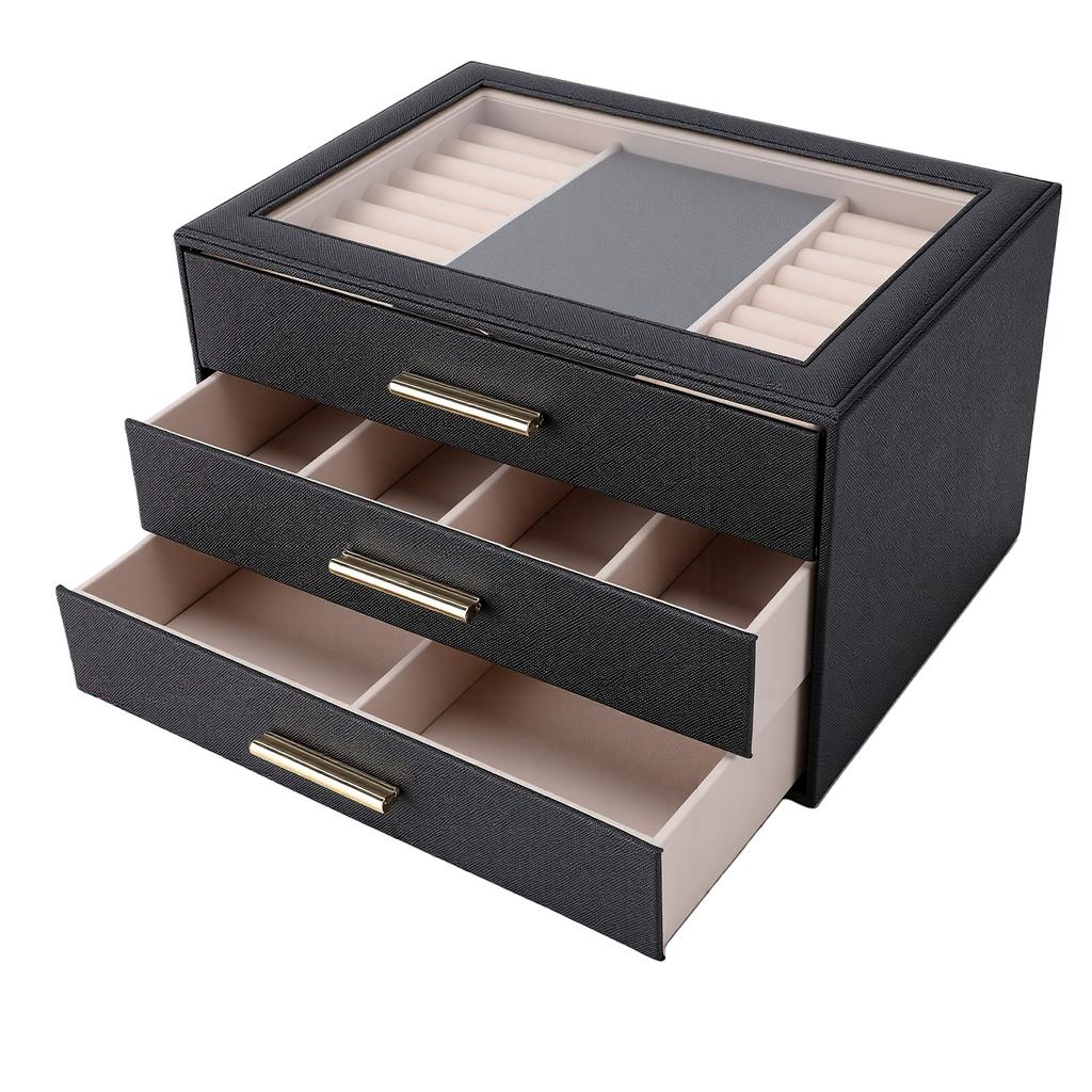 3 Layer Jewelry Box PU Leather Velvet Lining Jewelry Organizer Box with Clear Top Window for Ring Necklace Earring