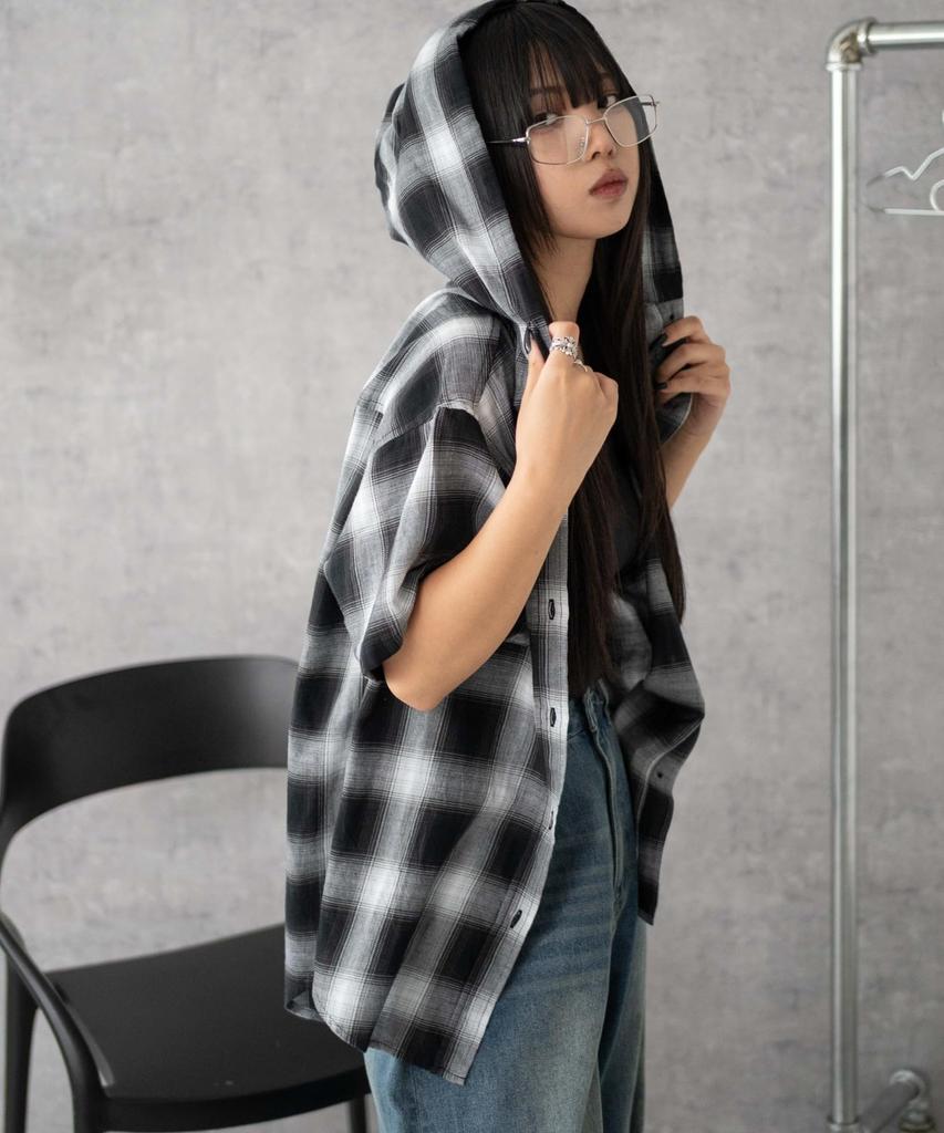 WEGO Hooded Check Big Shirt Black Women's (Small),