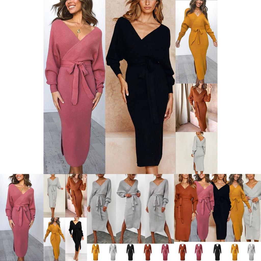 Elegant Women Winter Deep V-neck Knitted Sweater Dress With Cozy Long Sleeves