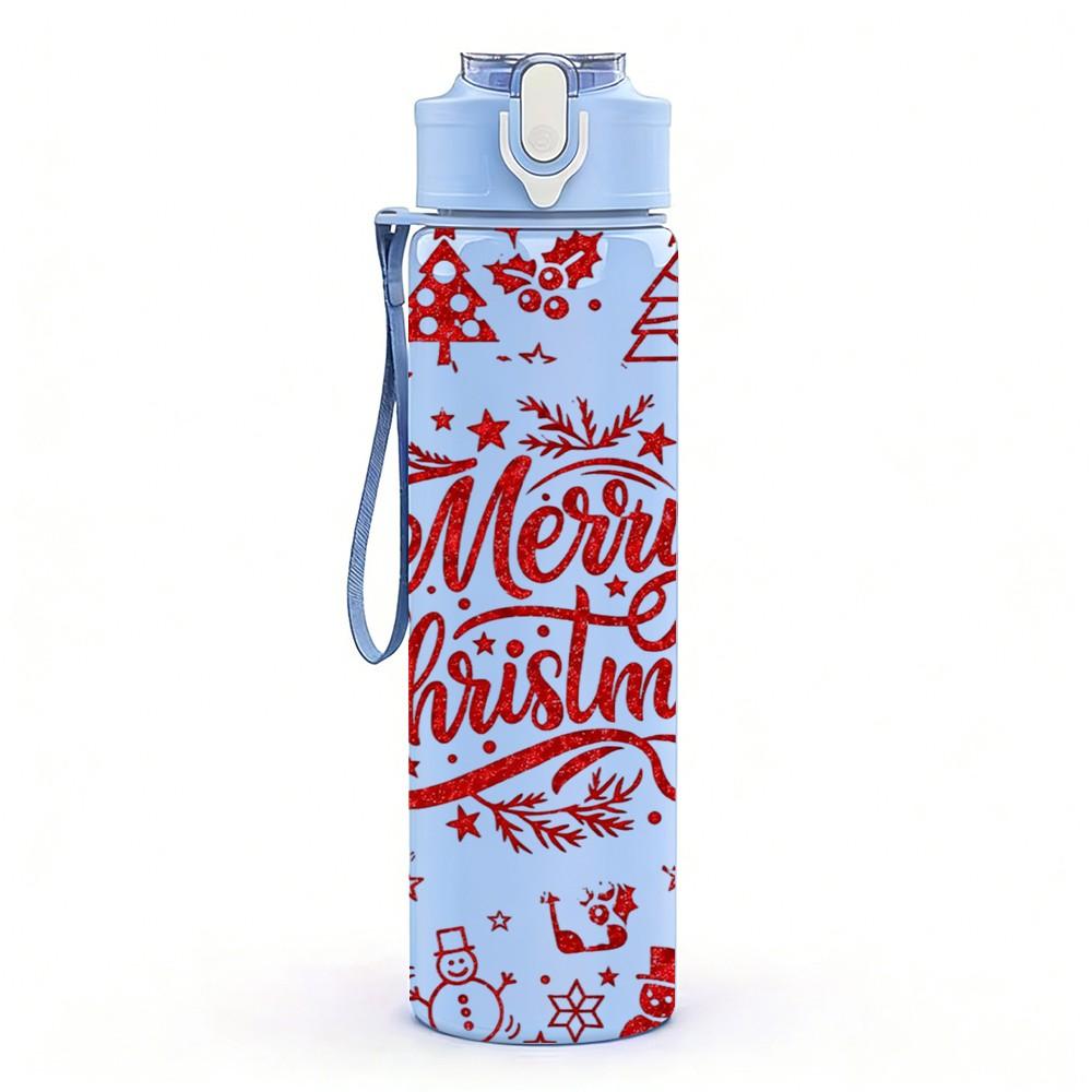 1PC Vintage Merry Christmas Text Print 750ml Color Plastic Sports Water Bottle Leakproof Flip Straw Lid Suitable for Sports Office Home Use