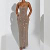 Robe Bodycon à Bretelles en Maille à Sequins Scintillants pour Femme Taille Haute Décolleté en V Longue Sans Manches Soirée