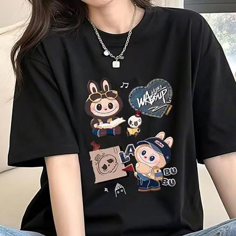 Hot Summer Labubu Print Women Short Sleeve T-shirt Casual Fashion Clothing Girl Cartoon Cute Anime Printed Tops