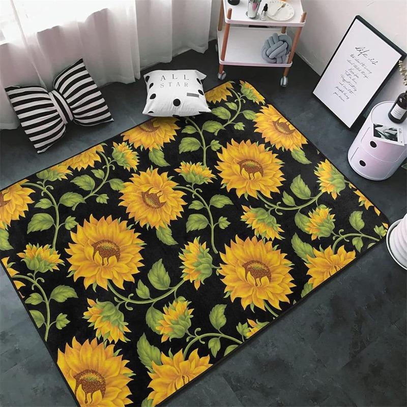 Retro Rustic Style Sunflower Print Carpet European Classic Artistic Home Decor Rug Soft Non-Slip Mat for Living Room Bedroom