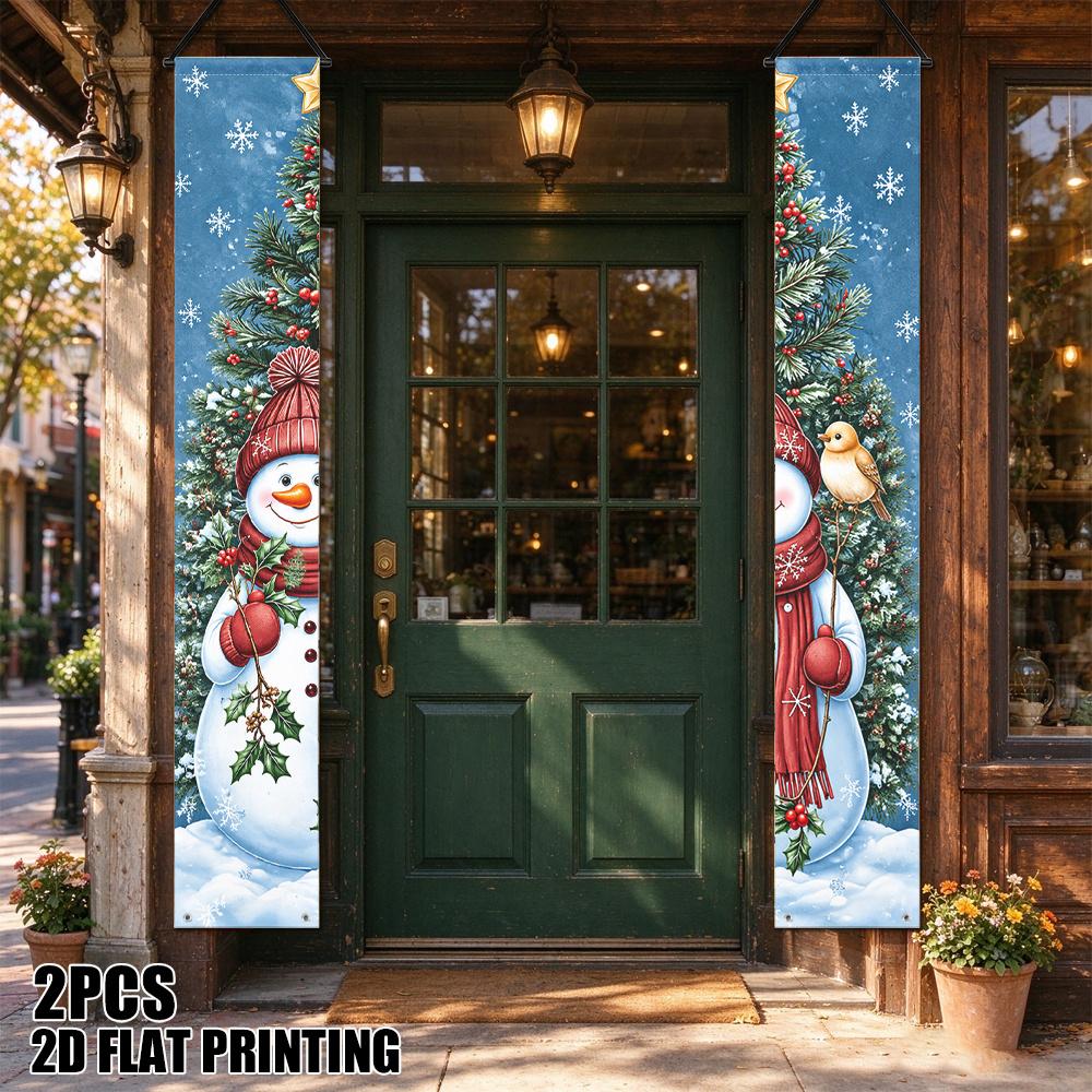 2D Flat, 2pcs 2D Flat Printing Snowman & Bird Welcome Door Banner with Couplet Signs - Suitable for Christmas, Winter, Indoor/Outdoor Decoration, Rect