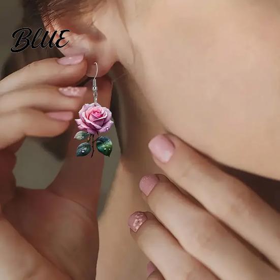 Rose Print Earrings 1 Pair Acrylic Dangle 2D Flower Hook
