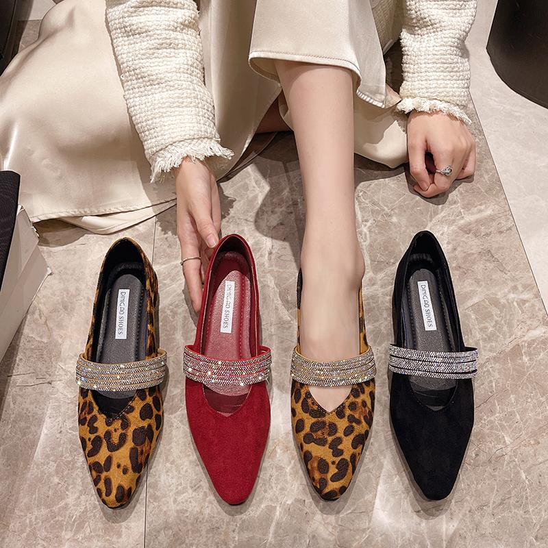 Aphixta Luxury Crystal Straps Slip On Flats Leopard Print Flat With Shoe Shallow Casual Women Loafers Pointed Toe Shoes