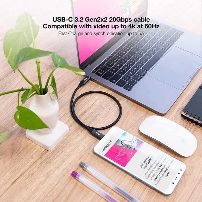 Câble USB 3.2 Gen2x2 - NANOCABLE - USB-C-M à USB-C-M - 1 m - 20 Gbps - 100W 4K-60Hz