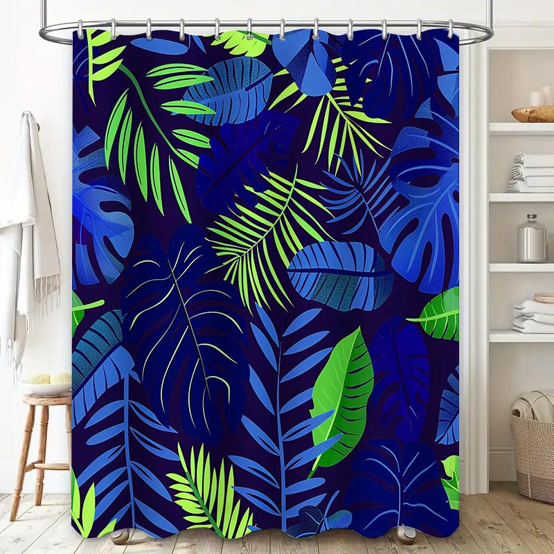 Tropical Leaves Shower Curtain Fabric Waterproof Bath Decor With Black Blue Green Colors 72X84 Inches (180Cm X 213Cm)