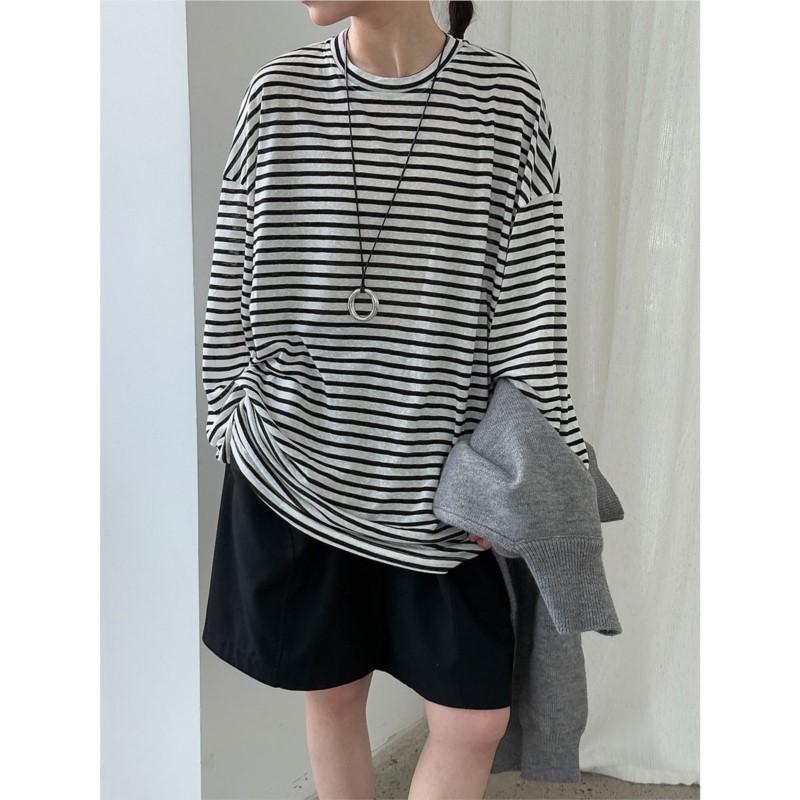 Johnature Korean Lazy Loose Striped Long Sleeve Women Autumn Versatile Base Casual O-neck Pullover Loose Top T-shirts