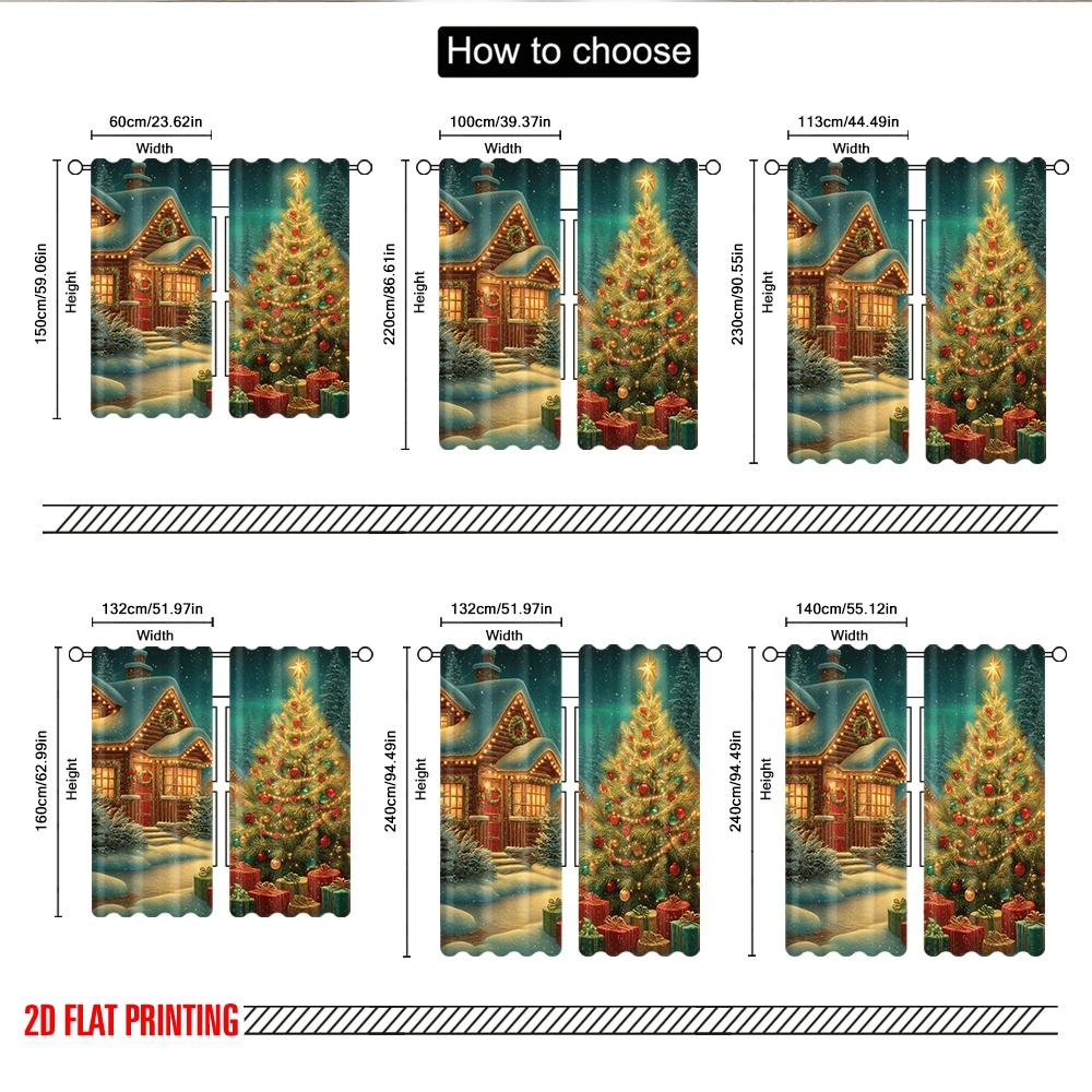 2pcs 2D flat printing Fashionable Christmas Curtains Cozy Christmas Snowing House Tree Gifts Digital Printed Polyester Drapes