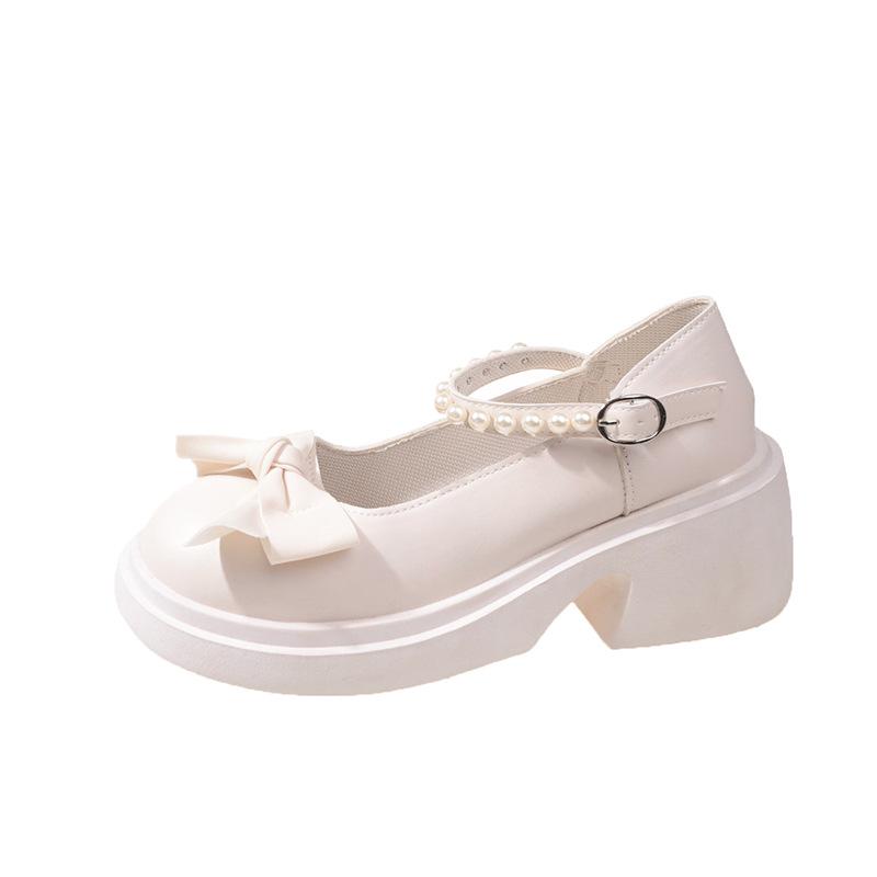 Mary Jane 2024 Thick-Soled Bow Loafers: Height-Boosting Round Toe Pearl Leather Shoes 35