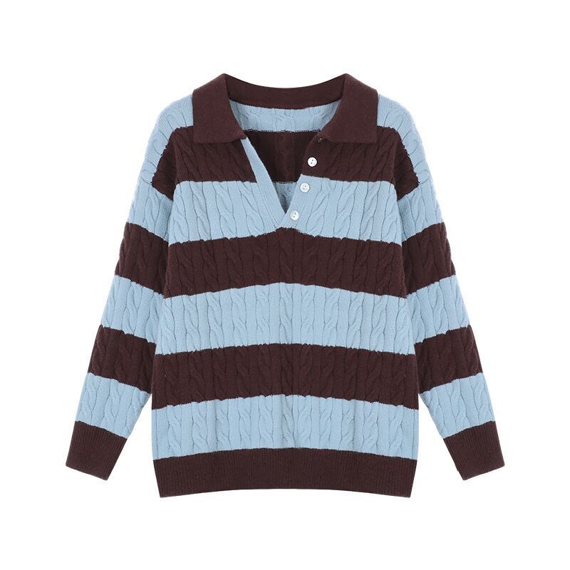 

Kumikumi American Retro Stripes Lapel Long Sleeves Sweaters Women s Clothing Fall Loose Slimming and All-Matching Anti-Aging Top Blue L