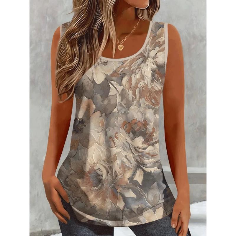 Fashion Women's V-Neck Sleeveless Short Sleeve 2D Flower Color Printing Flower Sleeveless Short Sleeve V-Neck Sleeveless T-Shirt