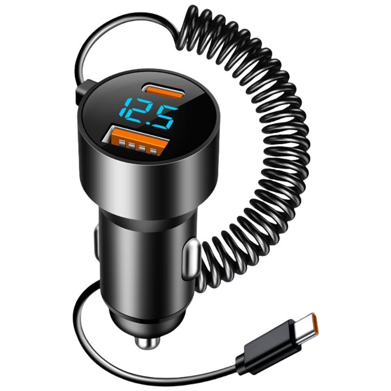 High Speed Charging Car Adapter Double Port Car Power Supply Equipped Type C Coiled Cord for Efficient Charging