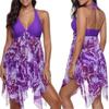 5XL Plus Size Women Asymmetric Hem Bathing Suit Floral Printed Backless Halter Neck Swimdress Swimming Shorts
