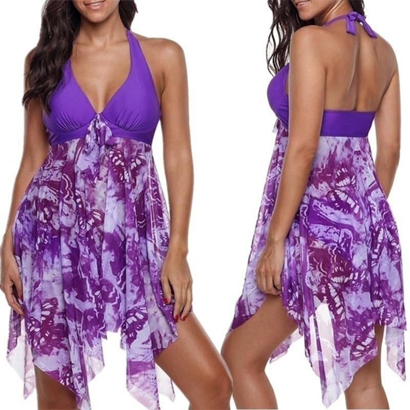 5XL Plus Size Women Asymmetric Hem Bathing Suit Floral Printed Backless Halter Neck Swimdress Swimming Shorts