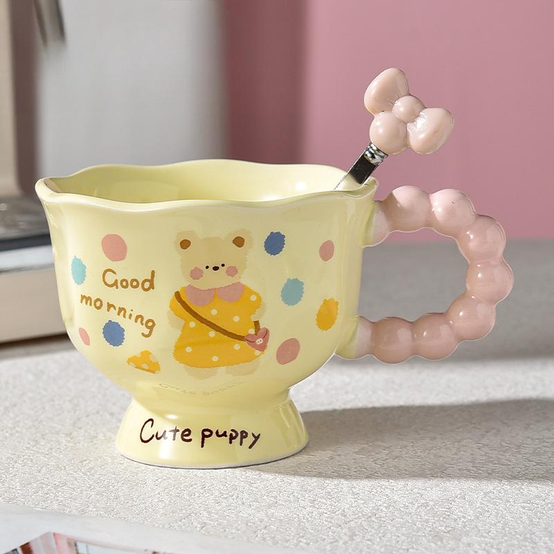 Cartoon Puppy Kitten Mug High End Light Luxury Ceramic Girl with Spoon Coffee Cup Couple Cup Goblet Cup