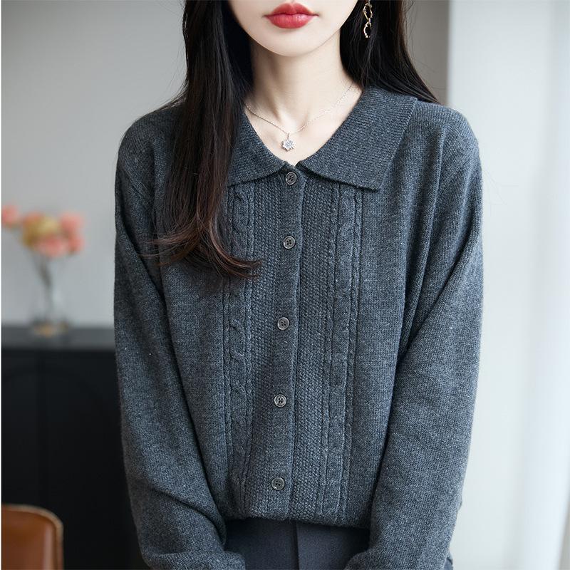 Thickened POLO Collar Knitted Cardigan, Long-sleeved, Autumn and Winter New Style, Loose Solid Color Top, Women's Sweater