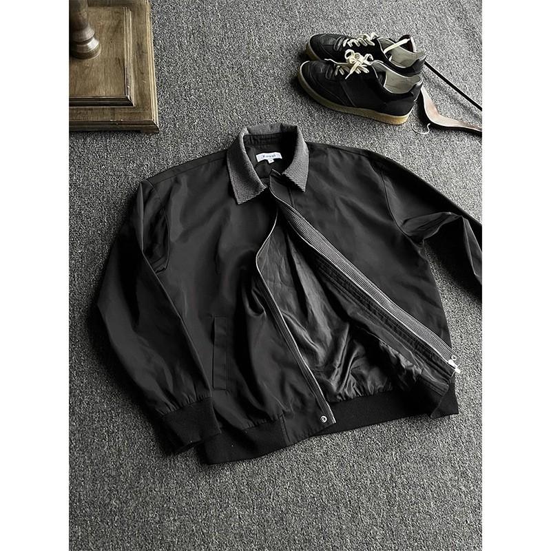 Mens Black Plaid Patchwork Collar Flight Jacket Loose Casual Streetwear Top