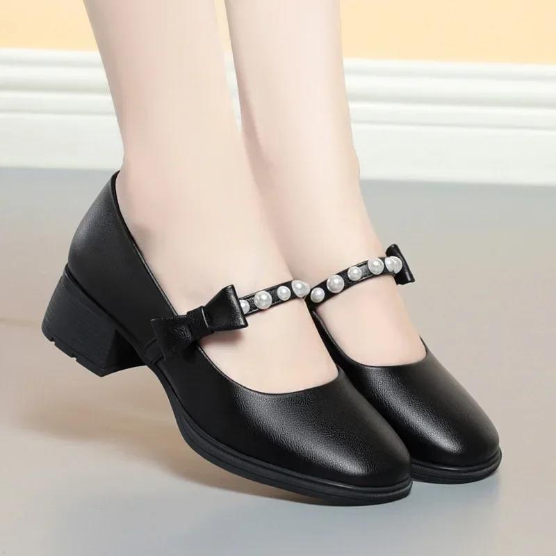 

4cm Breathable Shallow Pearl Bow Sweet Mary Janes Women Pumps Spring 2025 Med Square Heels Shoes Leather for Office Mom Girls 41 чорний