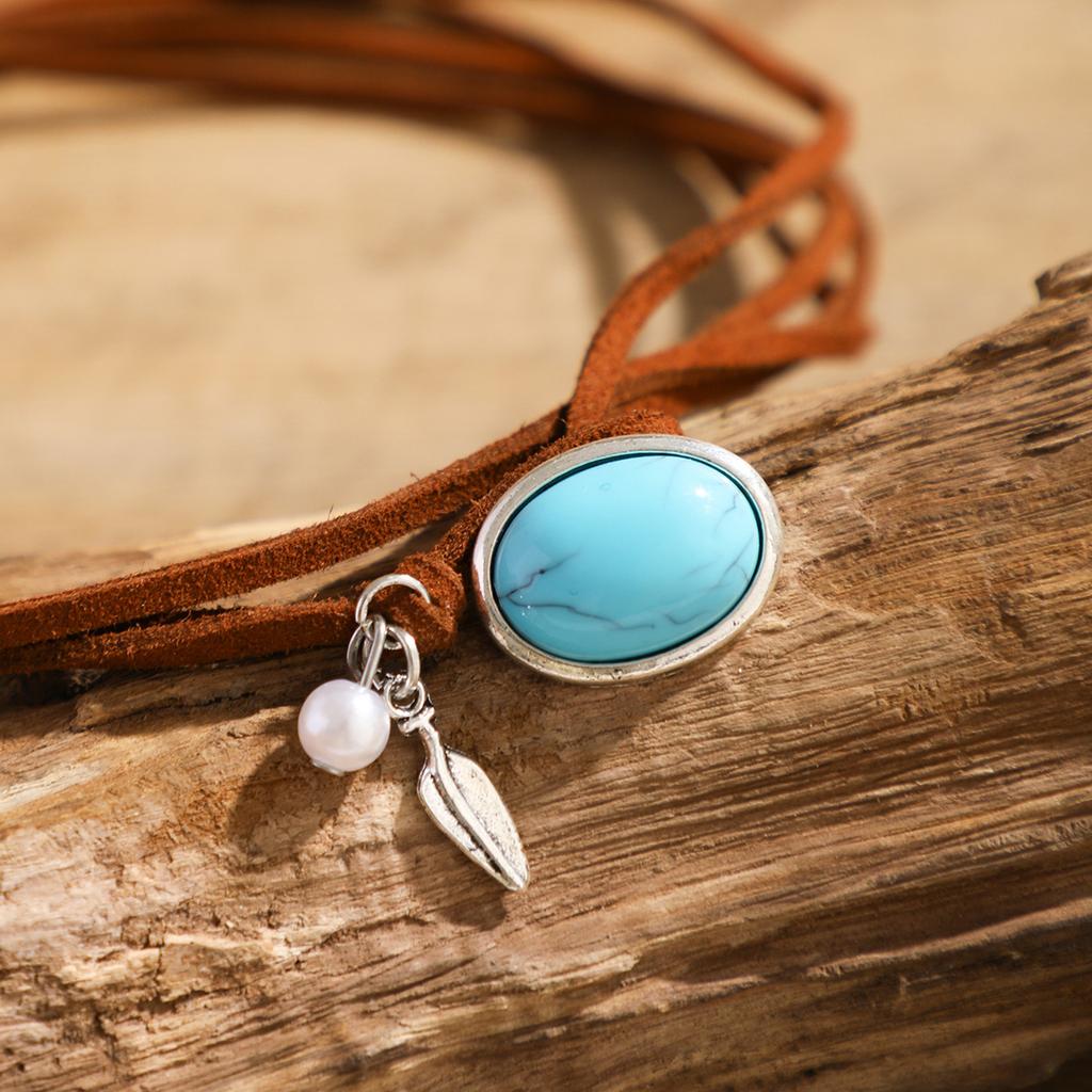 Ethnic Wind Turquoise Double Layer Korean Velvet Collarbone Chain Choker Sweet Cool Simple Necklace Female Jewellery