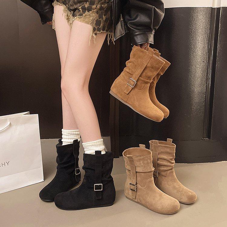 Korean Version of Round Head Handmade Pleated Stacking Boots Medium Tube Boots Women's New Sleeve Thin Thick Heel Western Cowboy Boots