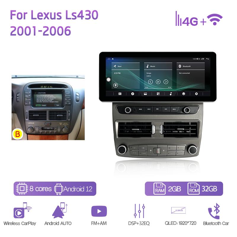 

12.3Inch For Lexus Ls430 2001-2006 Car Multimedia Video Player GPS Navigation Radio Android12 8+128G 8Core CarPlay 4G 360Camera