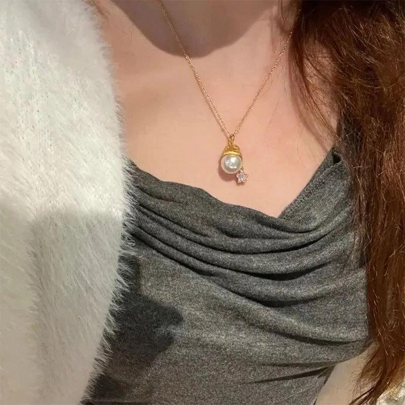 Ambience Golden Christmas Hat Pearl Pendant Necklace Stud Earrings Female Gentle Sweet Versatile Neck Chain Sweater Chain