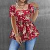 Women French Style Square Neck Floral Backless Waist Cinched Short Cropped Top