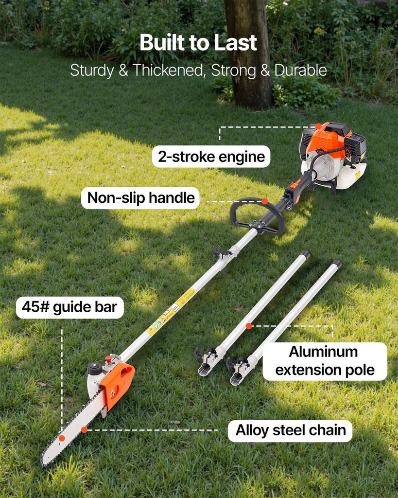 Gas Pole Saw, 43CC 2 Stroke Gas Powered Pole Saws with 30.48 Cm Cutting Bar, Cordless Tree Trimmer with Rotatable Head, 2.16 To 3.66 M Extendable,