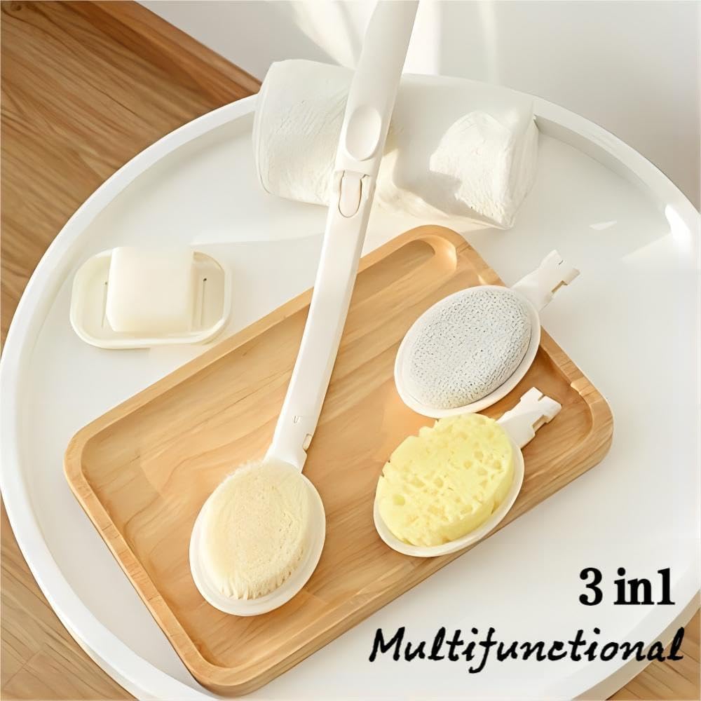 3 In 1 Back Bath Brush Set for Shower, 19"" Long Handle Body Brush, Back Scrubber, Exfoliation and Improved Skin Health for Elderly with Limited Arm
