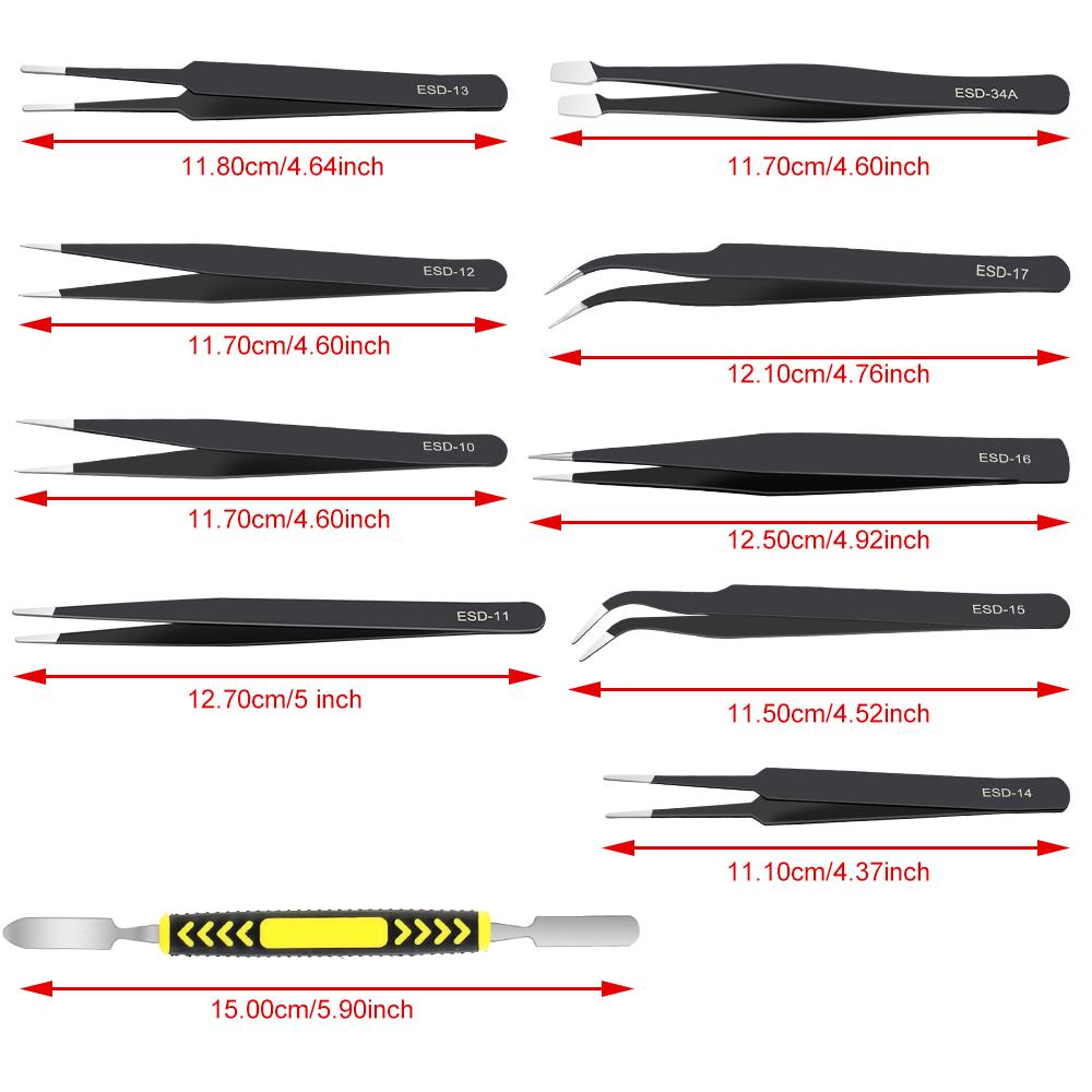 ESD Tweezers 10Pcs/Set Industrial Repair Tools Precision Anti-Static Electronics Soldering Craft Curved Straight Tweezers Stainless Steel