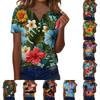 Women's Fashionable Casual Hawaiian Print V-neck Short-sleeved Button-down T-shirt Top