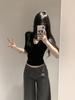 Spicy American Style Black V-Neck Mid-Sleeve Slim-Fit Women's T-Shirt for Early Spring