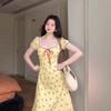 French Floral Dress Women's Summer High-end Sense Niche Waist Temperament Square Collar Dopamine Medium and Long Skirt