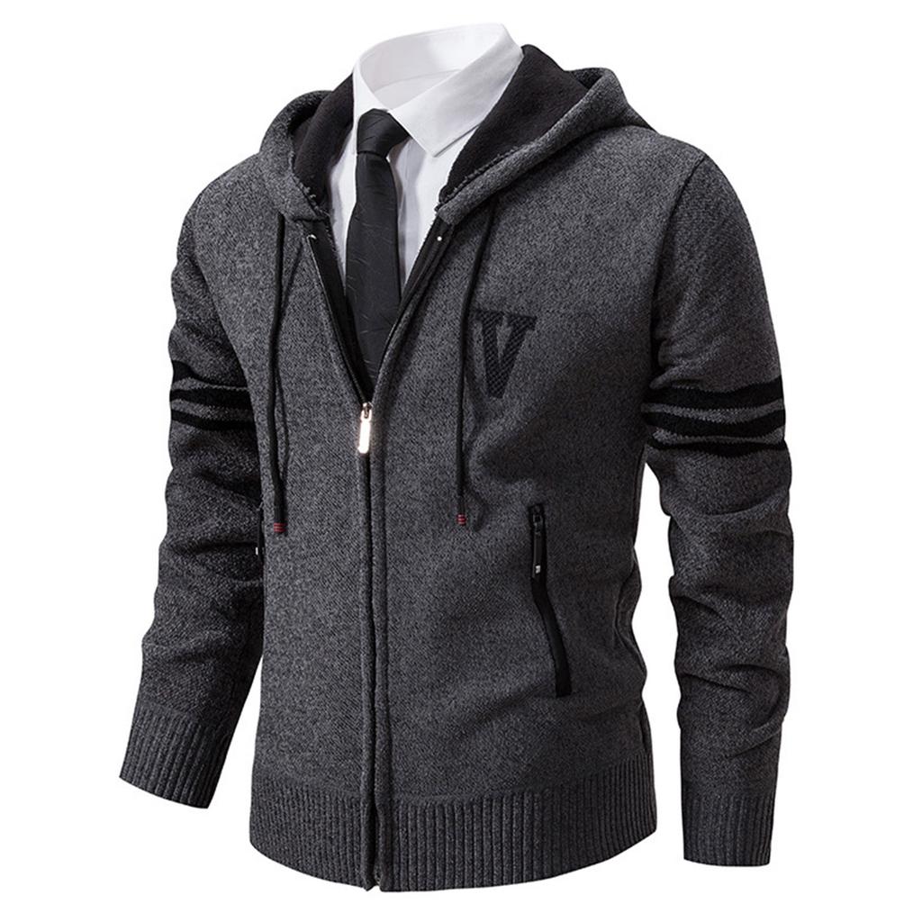 Herren Einfarbig Lässiger Pullover Strickjacke Jacke Herren Kapuzenplüsch Verdickte Pulloverjacke