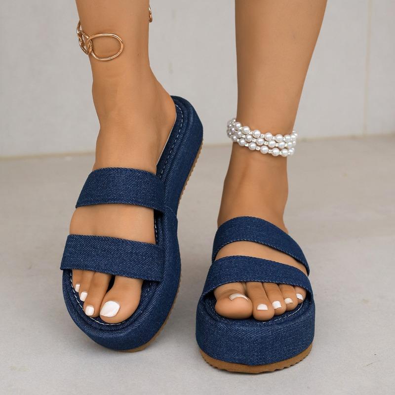 

Летние шлепанцы на толстой подошве и танкетке, женские, больших размеров, джинсовые, с перекрестными ремешками, крутые женские шлепанцы 36