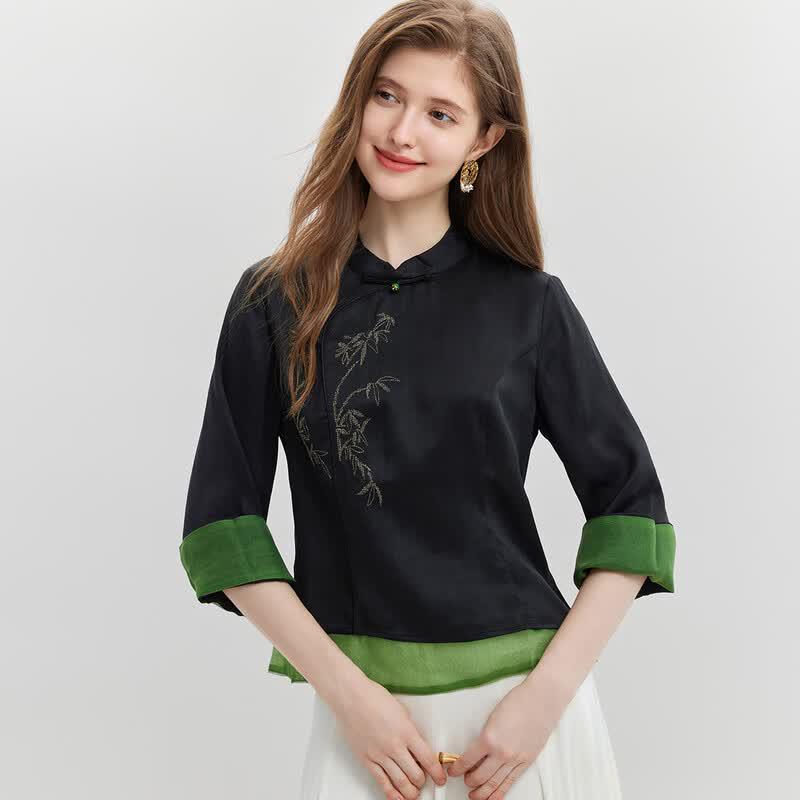 Snowforte Women s Chinese Style Ink Bamboo Silk Blouse 2XL
