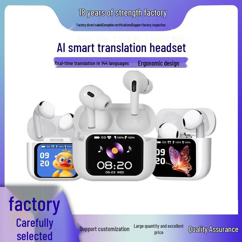 Multilingual AI Bluetooth Earphones with Full-Color Screen and Noise Reduction for Real-Time In-Ear Translation.
