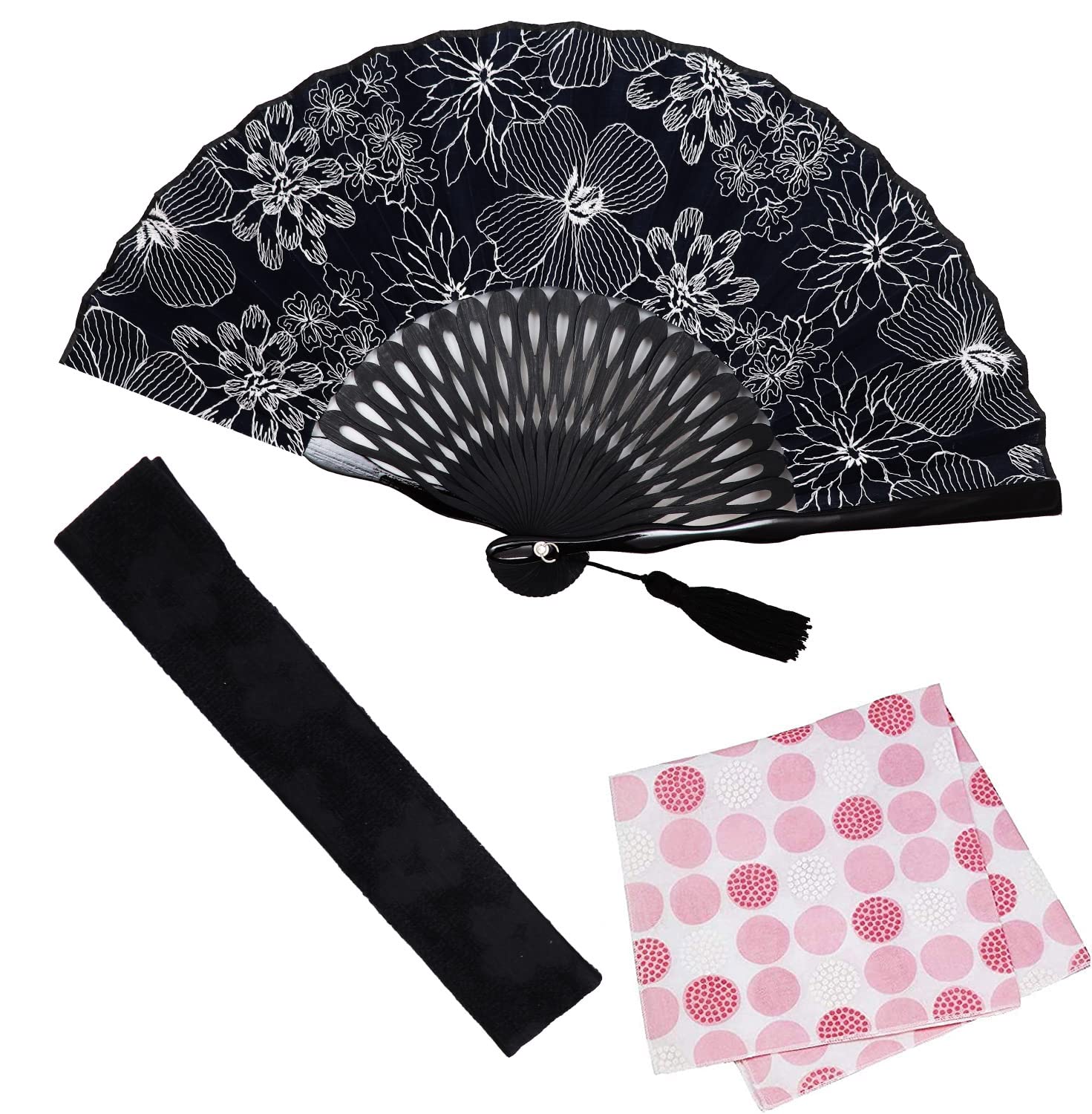 [Osaka Choseido] Women s Stylish Business Fan Set with Fan Case and Handkerchief (Navy)