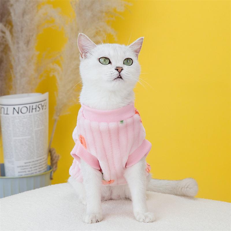 Strawberry Print Cat Puppy Sweater Autumn Winter Pet Clothing Plush Pullover with Pull-tab Low Price Kitten Clothes Sphynx Coats