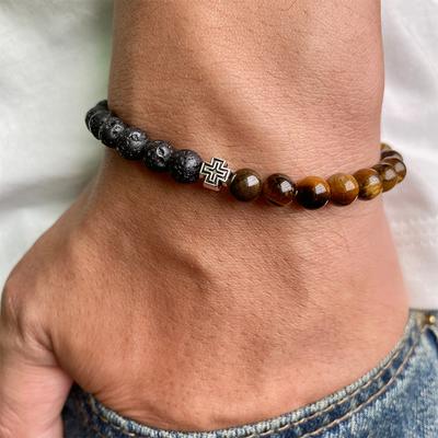 Hochwertiges 6-mm-Armband mit Vulkansteinkreuz und Natursteinperlen, modisches Armband für Herren und Damen