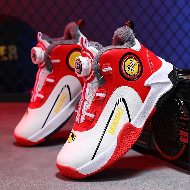 Autumn/Winter Warm Boys' Leather Rotating Buckle Basketball Shoes with Velvet, Children's Sports Professional Basketball Shoes