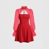 Cross-border European and American Lace Splicing Long-sleeved Red Lace-up Dress Women's Foreign Trade New Women's Clothing Sexy Waist Skirt