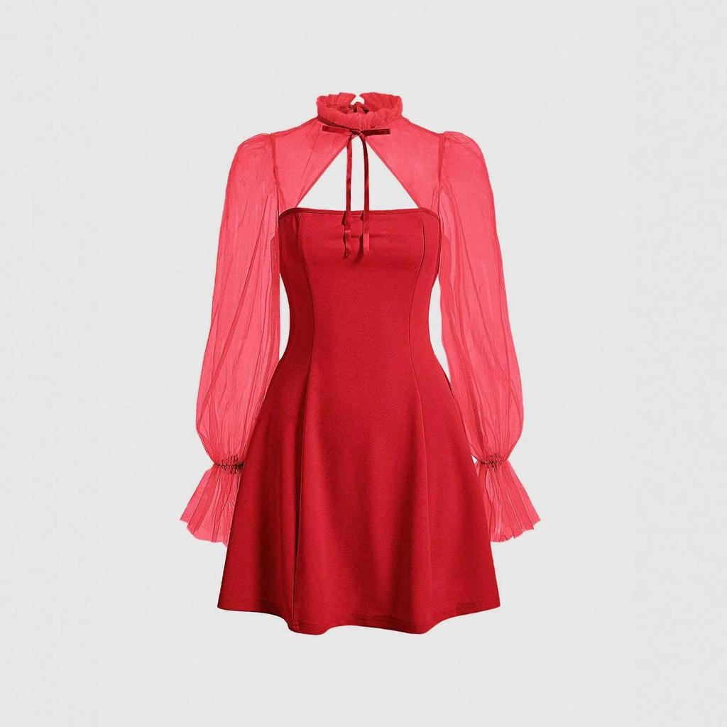 Cross-border European and American Lace Splicing Long-sleeved Red Lace-up Dress Women's Foreign Trade New Women's Clothing Sexy Waist Skirt