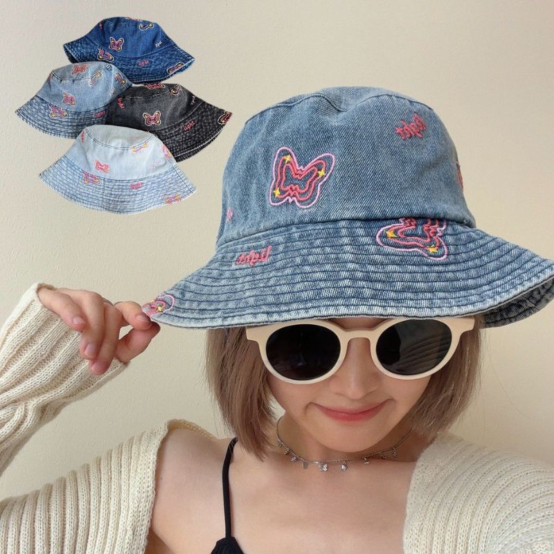 Fashion Butterfly Embroidery Fisherman Hat for Women Blue Denim Wide Brim Sunshade Dome Bucket Hat Girls Ladies Outdoor Hat
