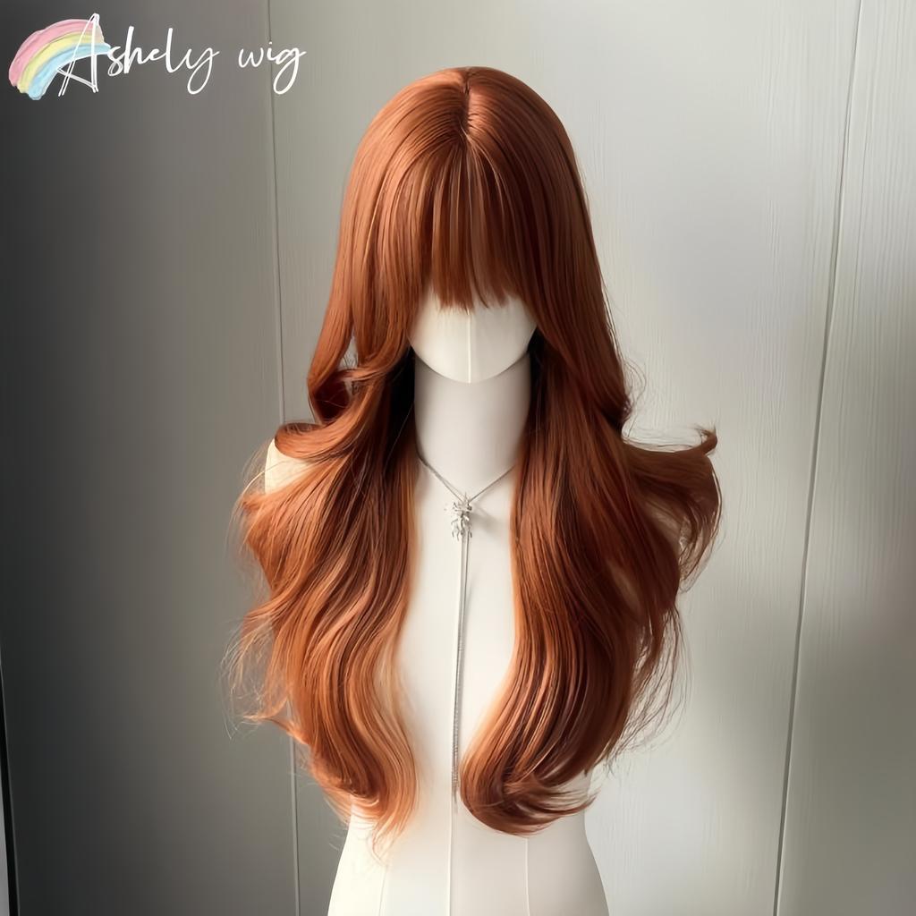 Ashely Ginger Orange Wig with Bangs Long Hair Wigs for Women Body Wavy Lolita High Temperature Fibers Synthetic Wigs for Cosplay