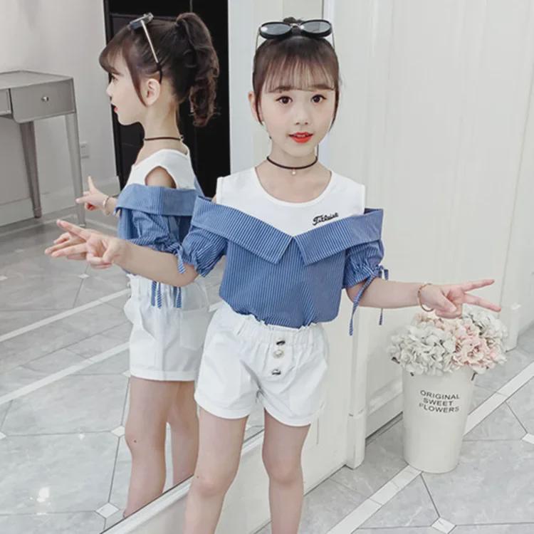 2025 Summer Girls' Two-Piece Suit: Off-Shoulder Tops & Shorts for Kids
