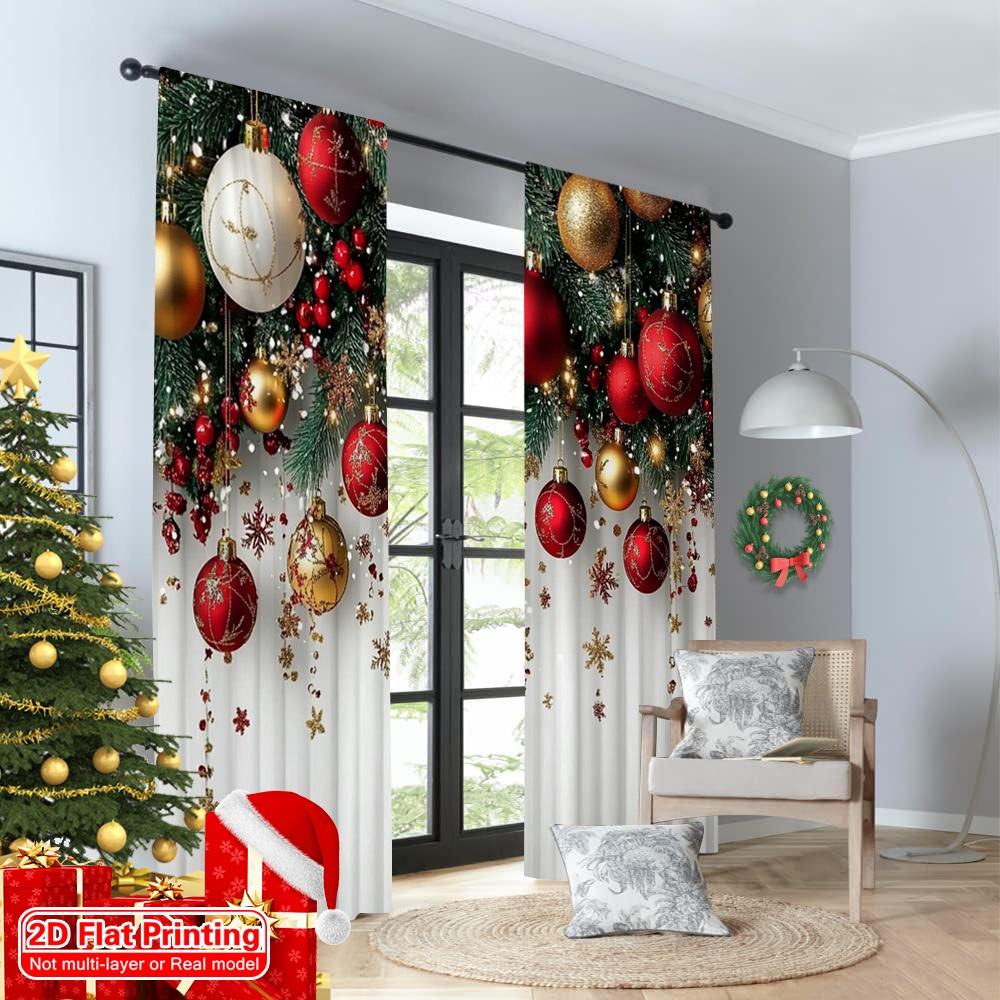 2D flat printing 2pcs Christmas Drapes Red and Gold Ball Pine Branch Snowflake Durable Polyester Without Electricity Versatile