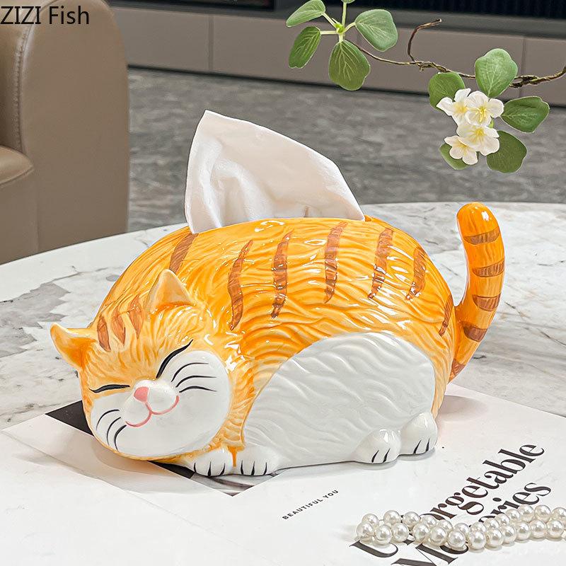 Lovely Cartoon Ginger Cat Ceramic Tissue Box Coffee Table Desk Decoration Creative Tissue Box Bedside Table Paper Towel Case
